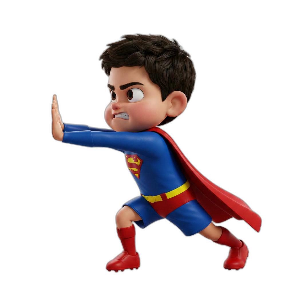 Chico superhero empujando